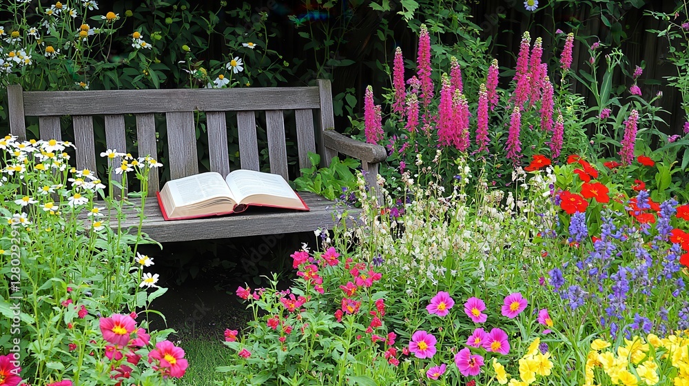 Fototapeta premium Tranquil Garden Scene with Open Book on Bench