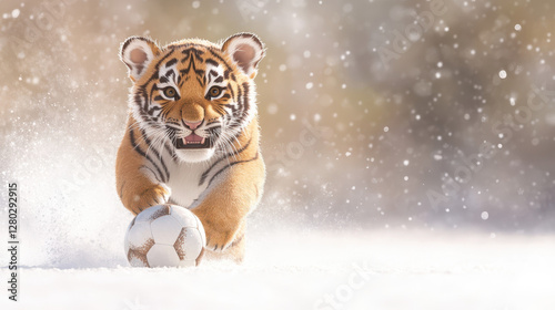 happy tiger cub joyfully playing soccer in snowy landscape