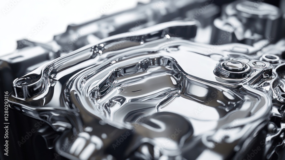 Close-up of a polished metal engine part, showcasing intricate details and reflective surfaces. Close-up of a polished metal engine part, showcasing intricate details and reflective surfaces.