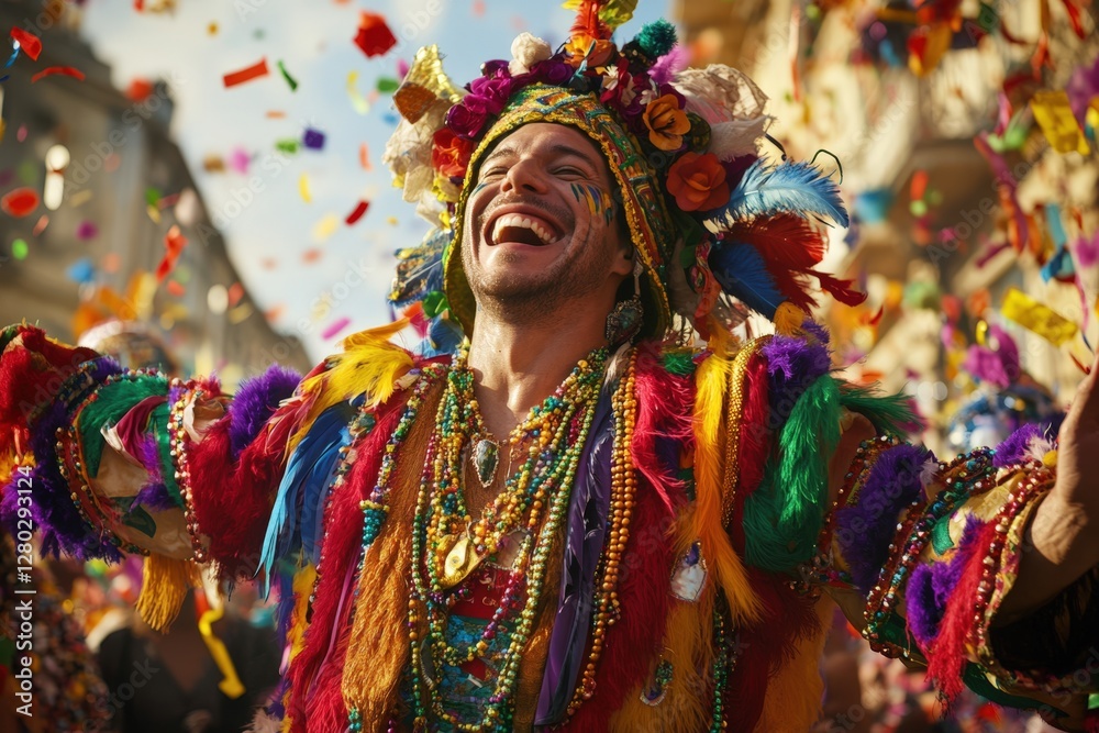 Cheerful Samba Dancer Man in Colorful Costume Celebrates Carnival with Confetti. Fictional Character Created By Generative AI Cheerful Samba Dancer Man in Colorful Costume Celebrates Carnival with Confetti. Fictional Character Created By Generative AI