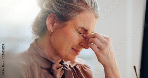 Obraz na płótnie Business, woman and headache of eye strain in office for financial deadline, auditing crisis and pressure pain