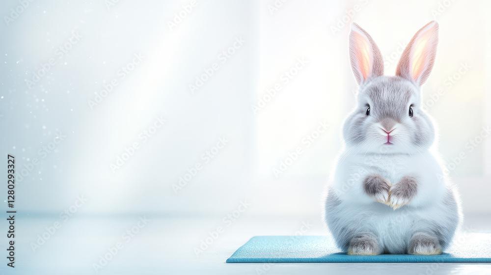 Fototapeta premium fluffy bunny doing yoga on mat, radiating calm and joy