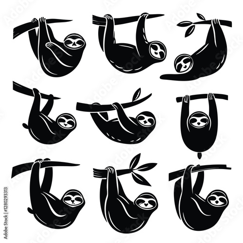 Black and White Sloth Clipart: Cute Hanging Sloths Vector Illustrations for Design, Animal Graphics, and Slow Living Concepts