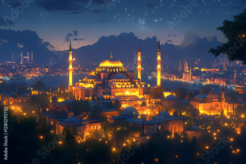 Wallpaper Mural A beautifully illuminated mosque at night, surrounded by mountains and stars. Torontodigital.ca