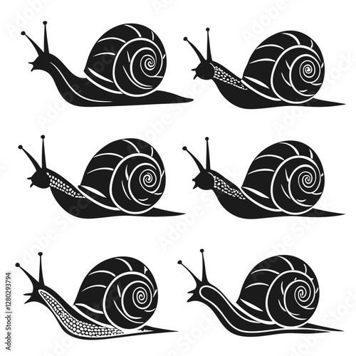 Black and White Snail Vector Art: Stylized Snail Illustrations, Mollusk Graphic Design, Nature Inspired Art, Snail Shell Patterns, Animal Clipart