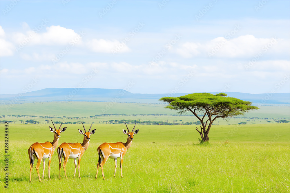 A wide open savanna with a single tree in the center and herds of antelope grazing nearby. The landscape shows a peaceful, untamed beauty, evoking feelings of freedom and serenity. A wide open savanna with a single tree in the center and herds of antelope grazing nearby. The landscape shows a peaceful, untamed beauty, evoking feelings of freedom and serenity.