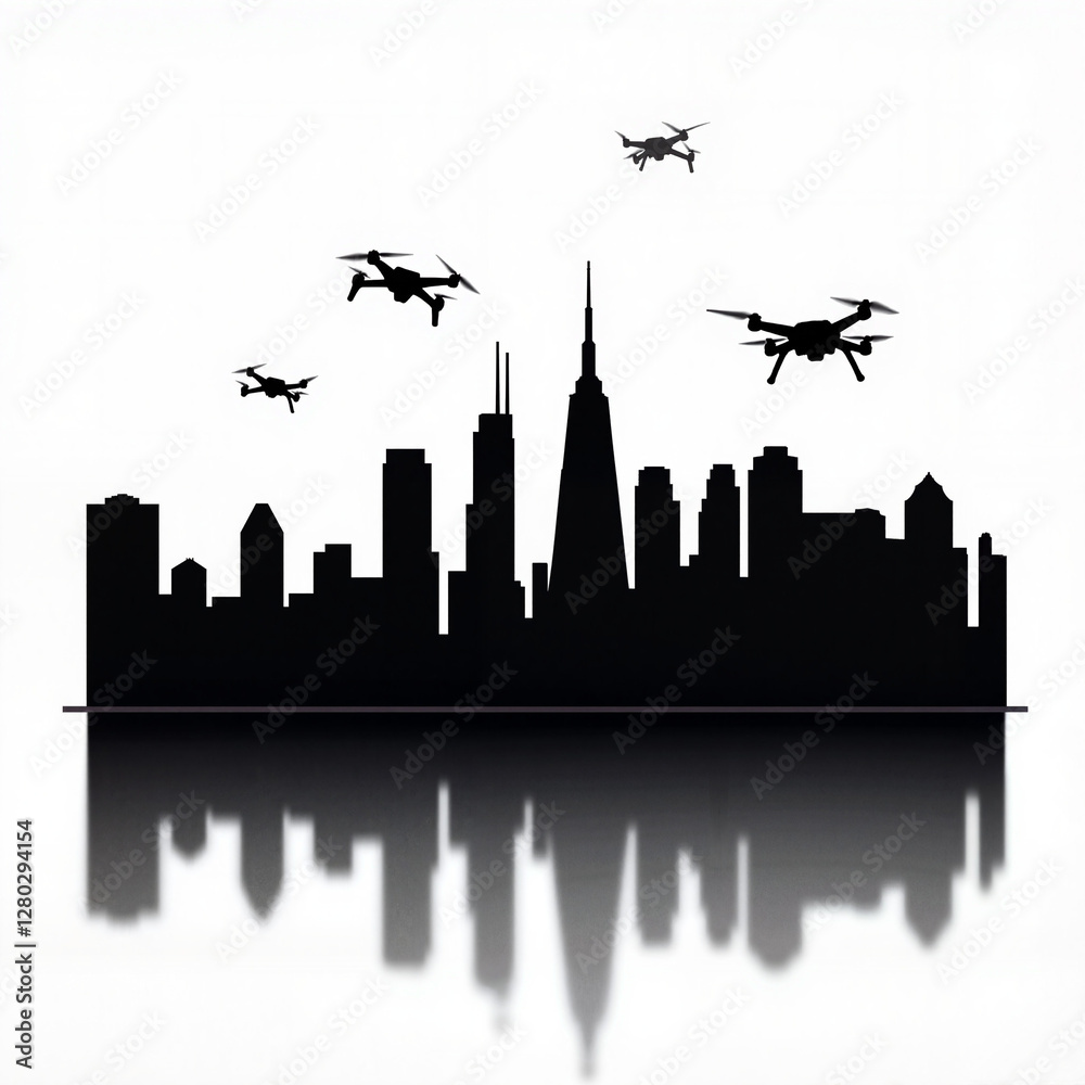 Obraz premium Futuristic skyline with drones hovering, cyberpunk themes