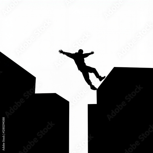 Daring silhouette leaps between rooftops, urban parkour concept