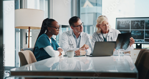 Photos Hospital, x ray and doctors on laptop in meeting for consulting, teamwork and medical advice