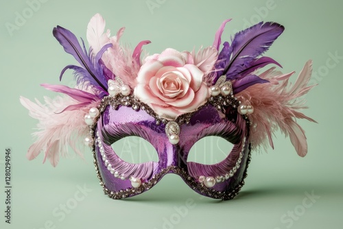 Elegant Carnival Mask Adorned Rose Flower and Feather.