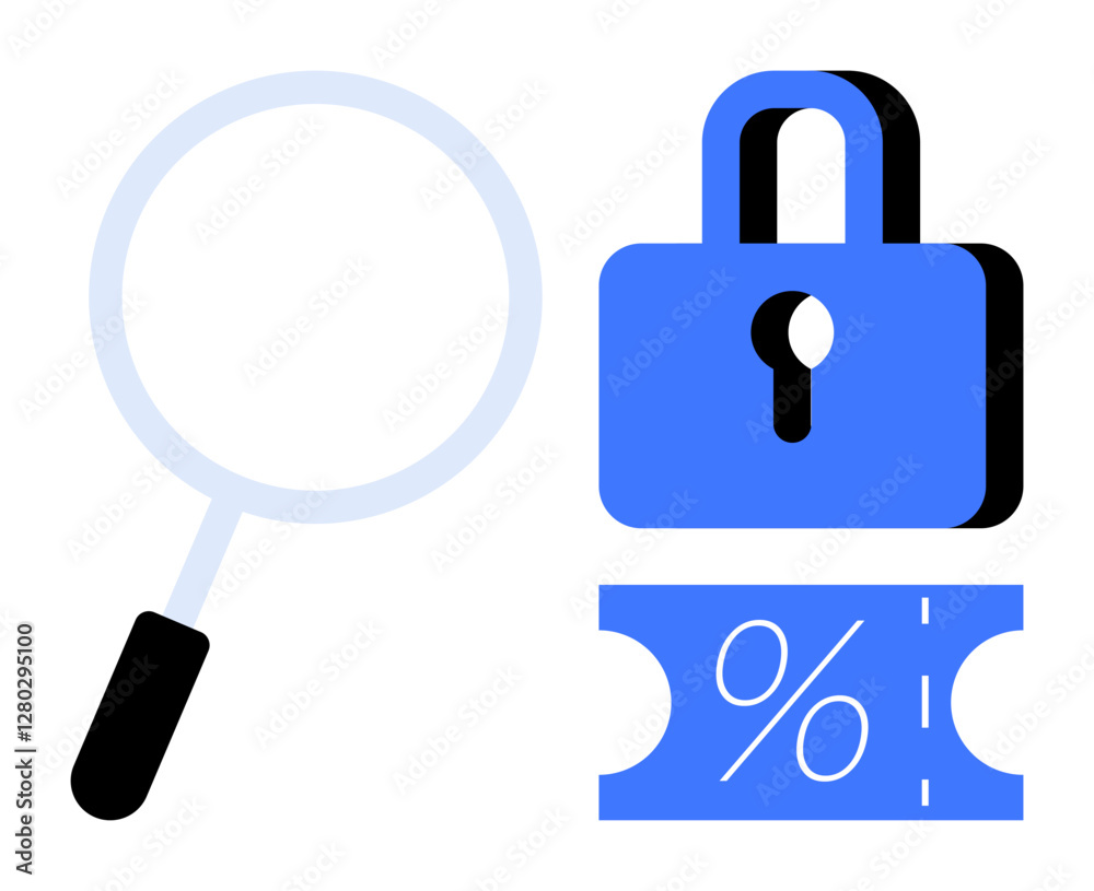 Magnifying glass near padlock and discount ticket with percentage symbol. Ideal for concepts thumbs up online security, privacy, shopping deals, discounts, data protection, e-commerce Magnifying glass near padlock and discount ticket with percentage symbol. Ideal for concepts thumbs up online security, privacy, shopping deals, discounts, data protection, e-commerce