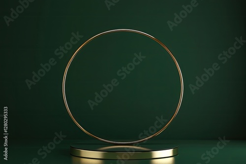 Gold circle frame on dark green pedestal display