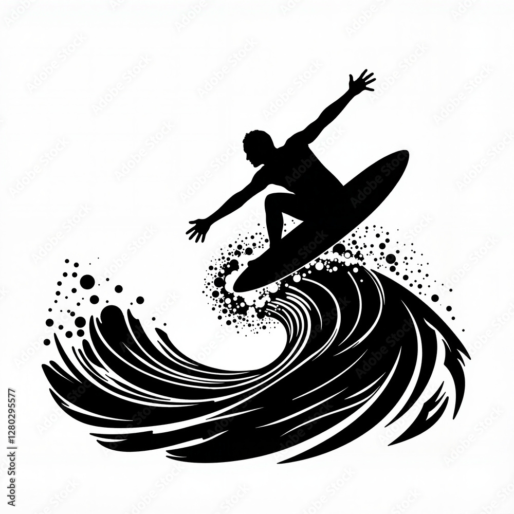 Silhouette of a surfer riding a wave, extreme sports energy Silhouette of a surfer riding a wave, extreme sports energy