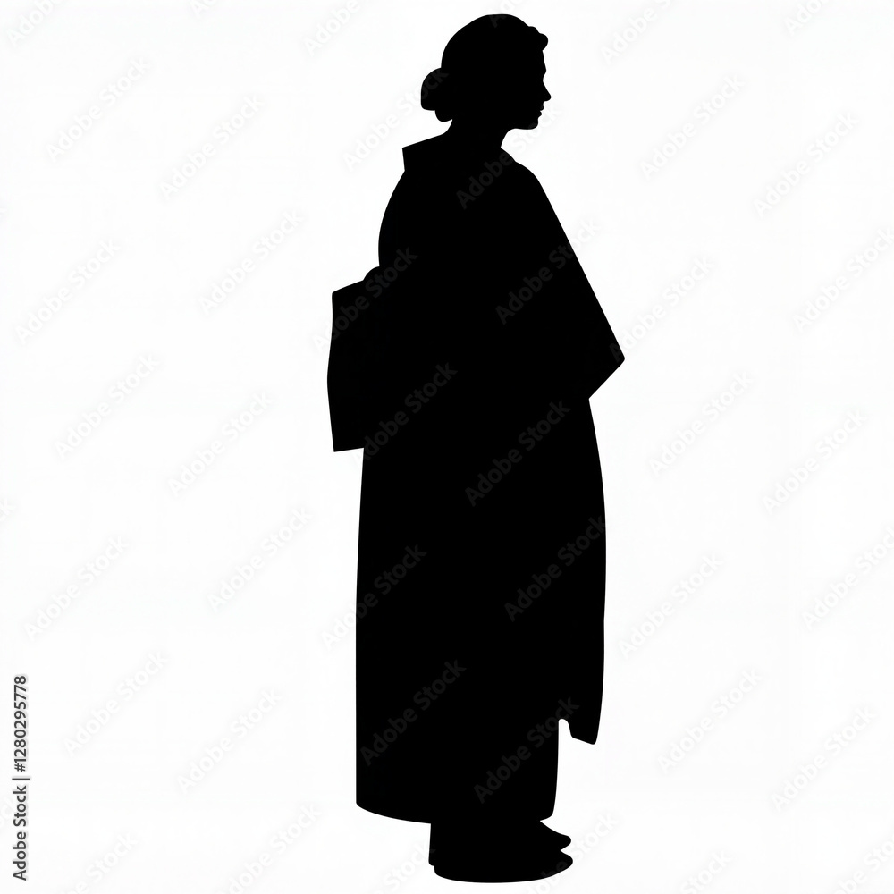 Silhouette of person in kimono, black and white, cultural expression Silhouette of person in kimono, black and white, cultural expression