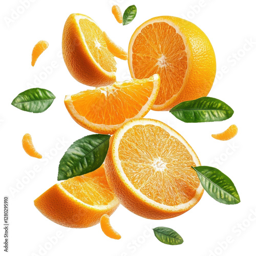 Orange fruit leaves and slices flying mid-air, isolate on white background. PNG.