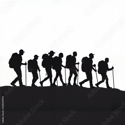 Group of hikers silhouetted against white background, outdoor adventure