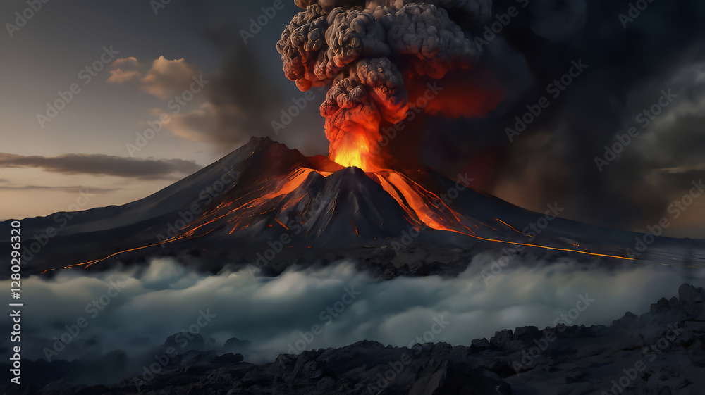 Fototapeta premium Dramatic Volcanic Eruption with Flowing Lava and Thick Smoke Clouds