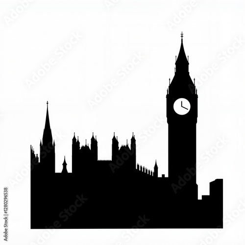 Silhouette of Big Ben on white background, iconic landmark design