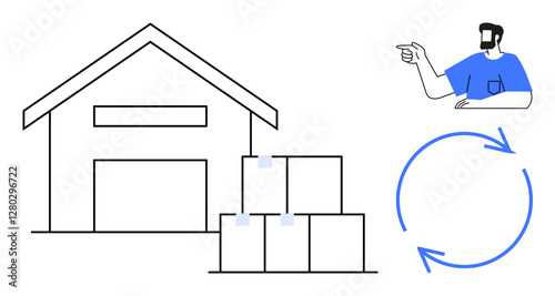 Warehouse structure with stacked boxes, figure pointing to the right, blue circular arrows suggesting continuity. Ideal for logistics, inventory management, supply chain, flow process, efficiency
