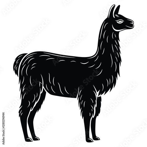 Black Llama Illustration: Vector Image of a South American Camelid, Detailed Silhouette Artwork of a Llama Standing Profile, Animal Clipart