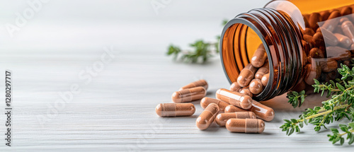 Natural Supplements with Essential Minerals for Health and Wellness, Brown capsules spilling from bottle on wooden surface