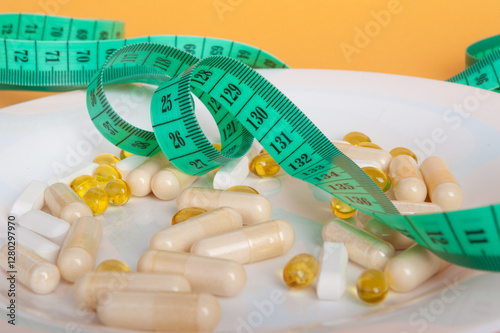 Weight Loss Pills and Measuring Tape, Diet Supplements Capsules, Obesity Lose Tablets, Color Drugs Pile