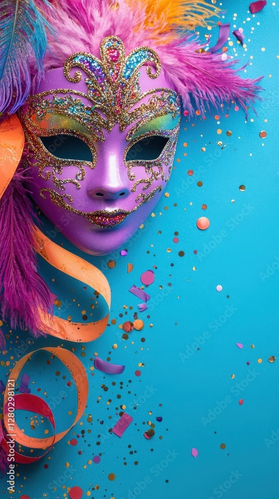 Obraz premium Elegant Gold Masquerade on Blue Background and Copy Space for Happy Carnival Celebration.