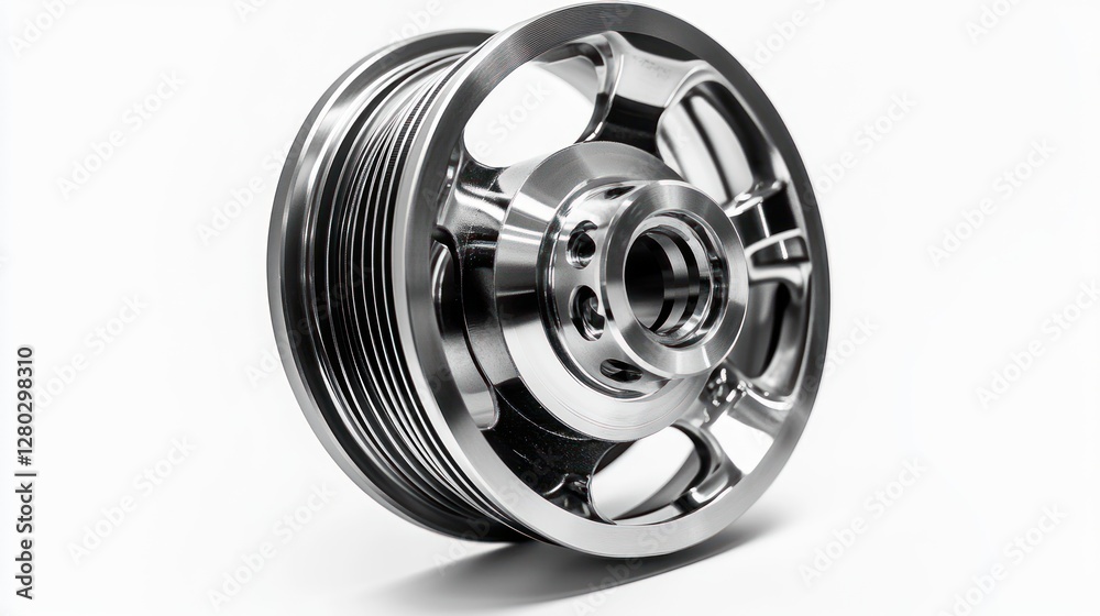 Close-up of a shiny, metallic pulley with intricate design, isolated on white background. Close-up of a shiny, metallic pulley with intricate design, isolated on white background.