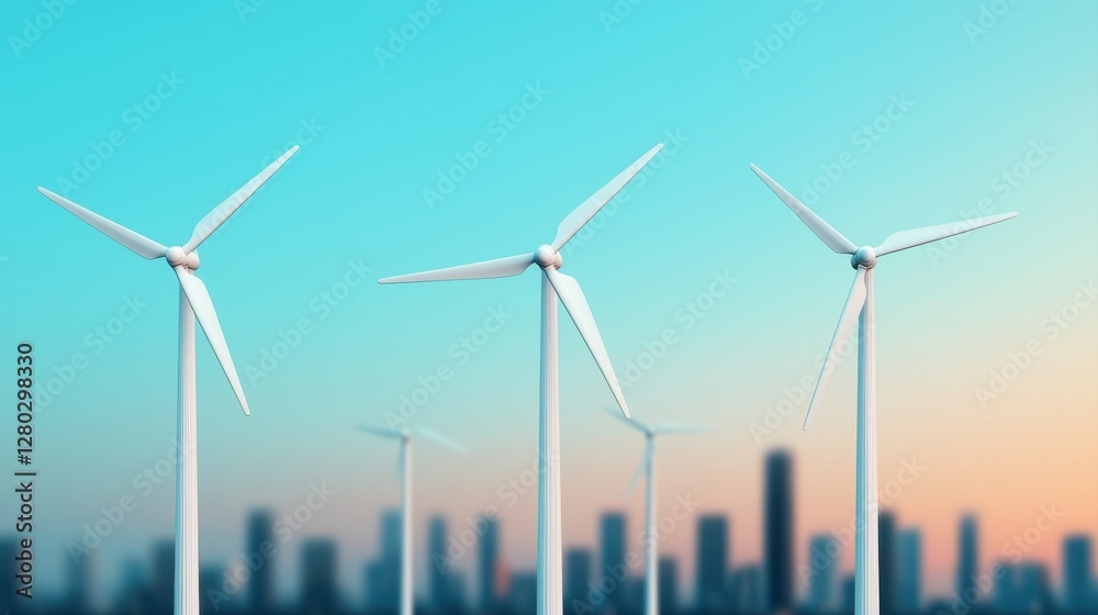 Globalization and environment concept. Wind turbines against a city skyline at sunset, symbolizing renewable energy and sustainability. Globalization and environment concept. Wind turbines against a city skyline at sunset, symbolizing renewable energy and sustainability.