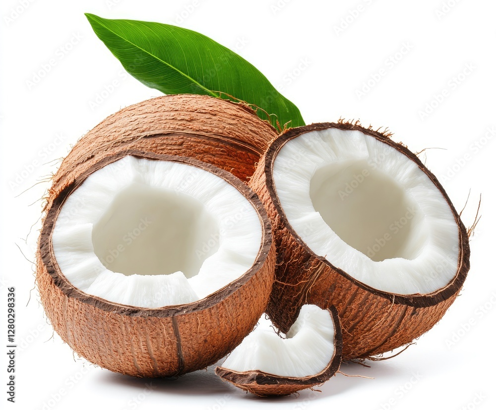 Fresh coconut halves with leaf, studio shot Fresh coconut halves with leaf, studio shot