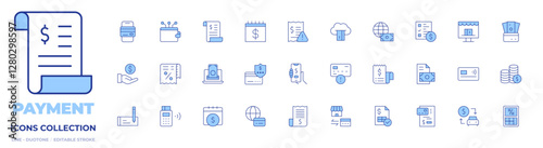 Payment icons collection. Line Duotone style, editable stroke. bank, bill, calculator, car sharing, cloud banking, coins, contactless, credit card, edc, ewallet