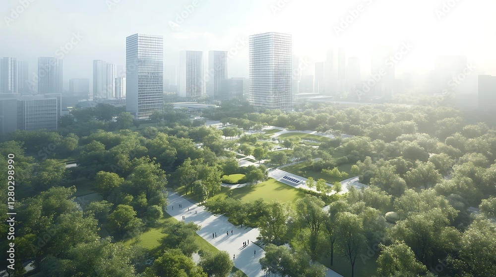 Image depicting a smart business district focused on achieving a net-zero carbon footprint.