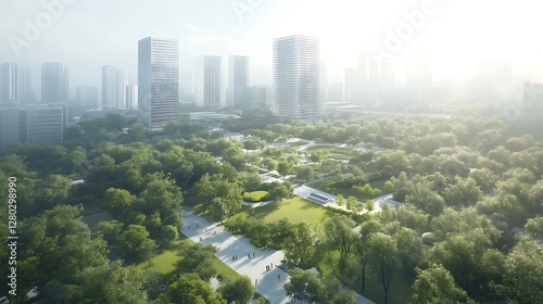 Obraz na płótnie Image depicting a smart business district focused on achieving a net-zero carbon footprint. w salonie