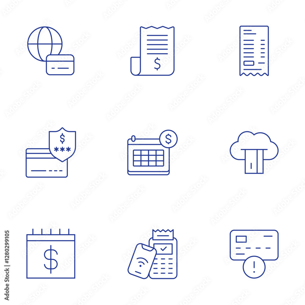 Payment icons set. Thin Line style, editable stroke. bill, calendar, cloud banking, contactless, credit card, payment, payment security, salary Payment icons set. Thin Line style, editable stroke. bill, calendar, cloud banking, contactless, credit card, payment, payment security, salary