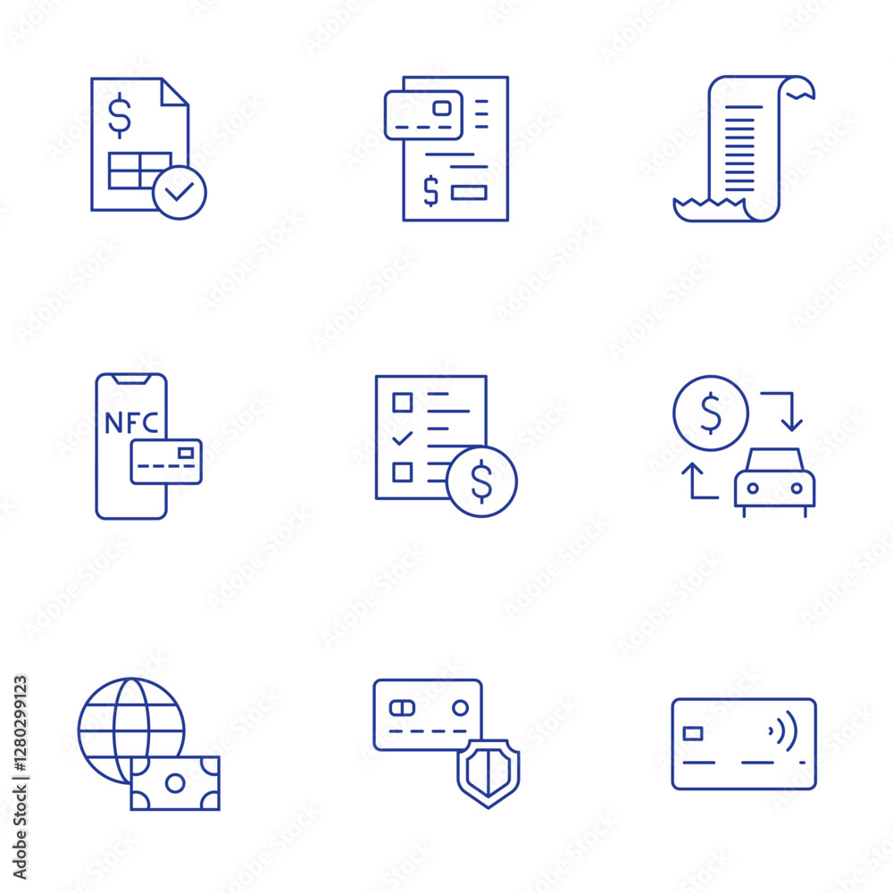 Payment icons set. Thin Line style, editable stroke. bill, car sharing, contactless, invoice, nfc, online payment, payment, payment survey Payment icons set. Thin Line style, editable stroke. bill, car sharing, contactless, invoice, nfc, online payment, payment, payment survey