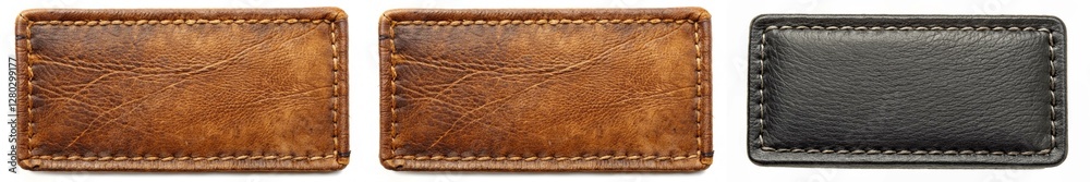 Fototapeta premium Three leather patches with different shades of brown and black. The patches are sewn together to form a square