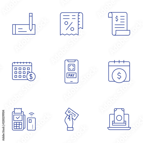 Payment icons set. Thin Line style, editable stroke. bank, bill, calendar, cashless, contactless, credit card, invoice, money, online payment