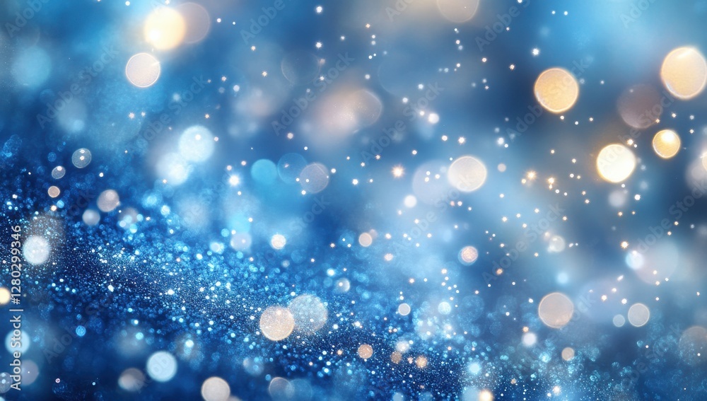 Obraz premium Abstract sparkling blurred background with blue and golden bokeh effects created by blurred lights and shimmering particles for festive or decorative themes