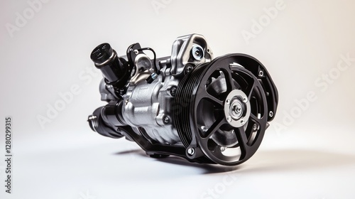 Close-up of a silver and black automotive air conditioning compressor isolated on white background.