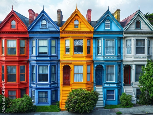 Vibrant victorian row houses san francisco architectural photography urban environment front view colorful community