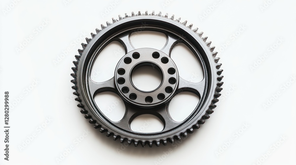 Fototapeta premium Close-up of a single, black metal gear with teeth and a central hub, isolated on a white background.