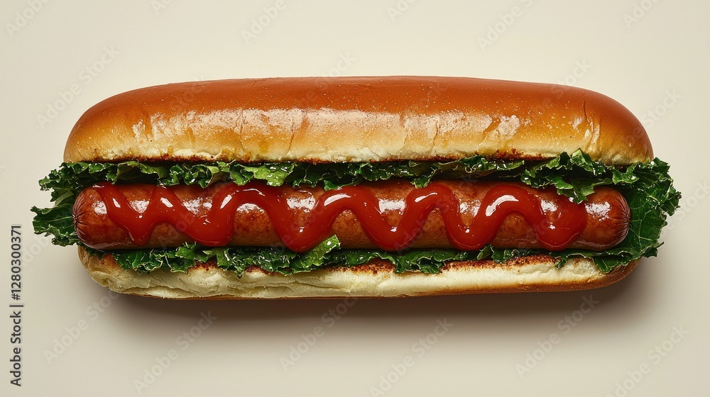 Hot dog, ketchup, lettuce, bun, studio, food photography, menu Hot dog, ketchup, lettuce, bun, studio, food photography, menu