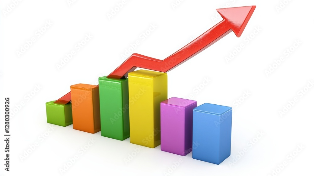 Colorful bar graph with upward trend arrow representing growth and success in business metrics Colorful bar graph with upward trend arrow representing growth and success in business metrics
