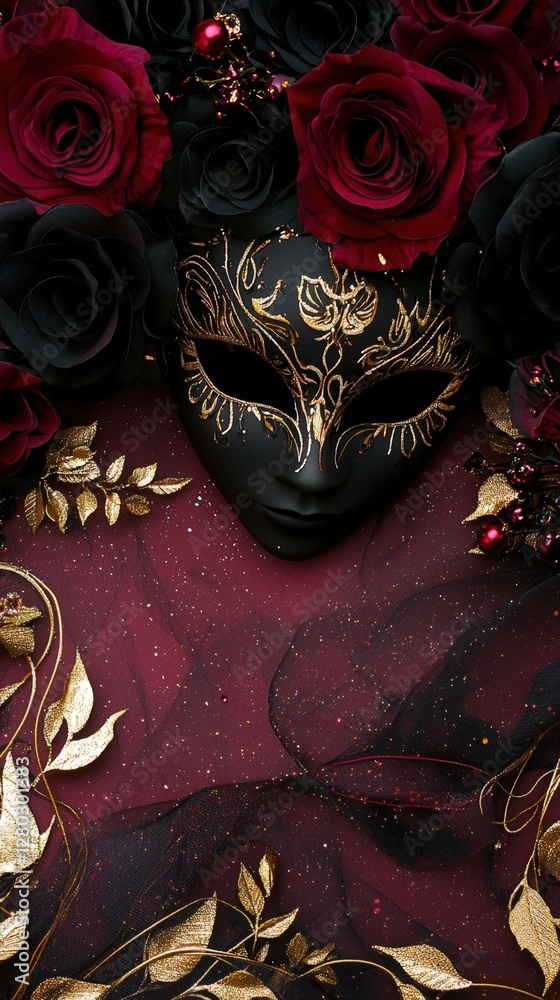 Fototapeta premium Elegant Black Carnival Mask Adorned Red Rose Flower and Leave.