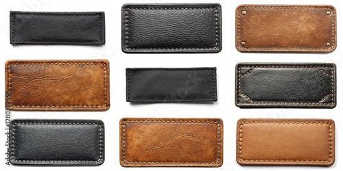 A collection of leather buttons with different colors and designs. The buttons are arranged in a row, with some being larger than others. Scene is one of variety and contrast