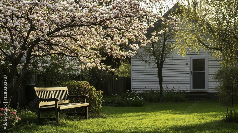 Springtime view of a home exterior featuring lush green grass, blooming trees, and flowering bushes under natural ambient light with a clean and simple composition Springtime view of a home exterior featuring lush green grass, blooming trees, and flowering bushes under natural ambient light with a clean and simple composition