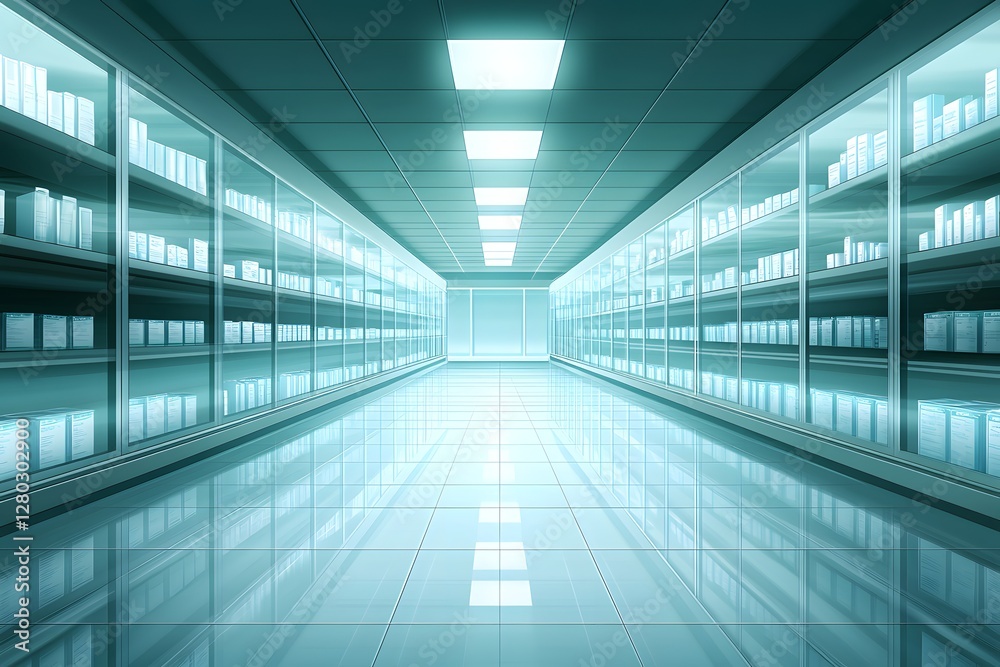 A modern, illuminated supermarket aisle showcasing neatly arranged shelves of products A modern, illuminated supermarket aisle showcasing neatly arranged shelves of products