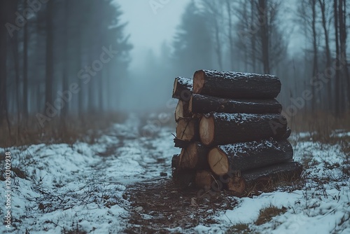 Stacked firewood, snowy forest path, foggy woodland