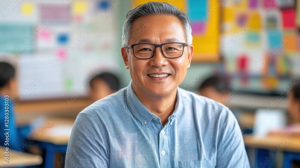 Obraz premium Portrait of a senior male teacher smiling in a classroom, showcasing a warm and inviting atmosphere that promotes learning and engagement among students.