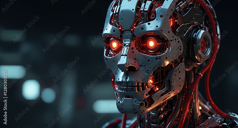 Fototapeta premium A humanoid robot displaying a damaged face, exposing glowing red circuits and a skeletal structure, highlighted by glowing red eyes. 